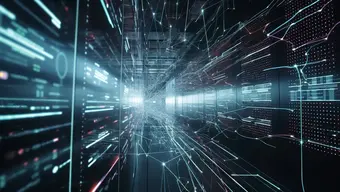 Grafika przedstawiająca wirtualny korytarz z elementami informatycznymi i kodującymi sprawiającymi wrażenie ruchu w tunelu